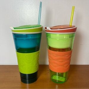 Snackeez 2-in-1 Snack & Drink Cup Blue Green Orange Damaged Straw, Set Of 2
